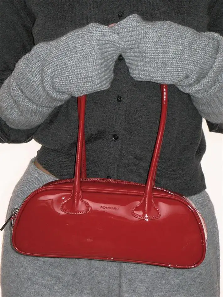 

UNK French Bread Large Capaci Red Genuine Leather Bag Women's Underarm Retro Handbag Double Strap Zipper Lo Dail...