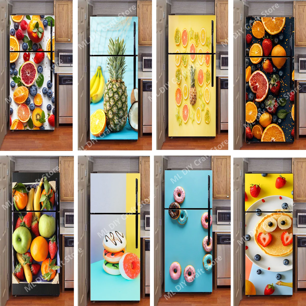 

Macaron Color Scheme Doughnuts Fresh Fruits Berries Pineapples Kitchen Fridge Sticker PVC Art Mural Decoration Stickers