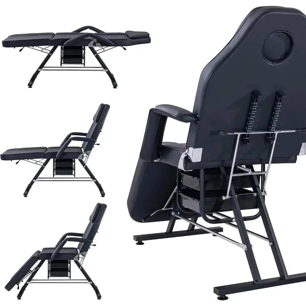 Tattoo Chair Massage Salon with Two Trays， Esthetician Bed with Hydraulic Stool,Multi-Purpose 3-Section Facial Bed Table