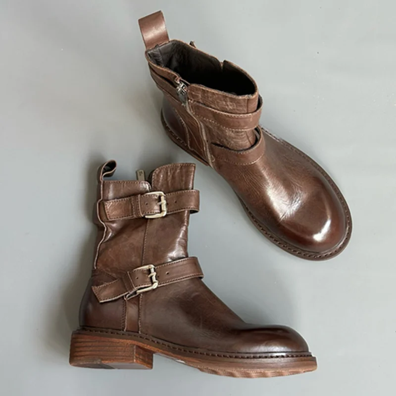 

Maxdutti Italian Handmade Motorcycle Boots Shoes Women Autumn And Winter Retro Washed Horse Leather Ankle Boots Women