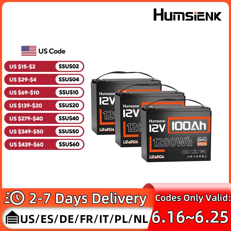 

Humsienk 12V 100Ah 3 Pieces LiFePO4 Lithium Battery A+ Cells 15000+ Cycles Portable Efficiency For Outdoor / Indoor Power Supply