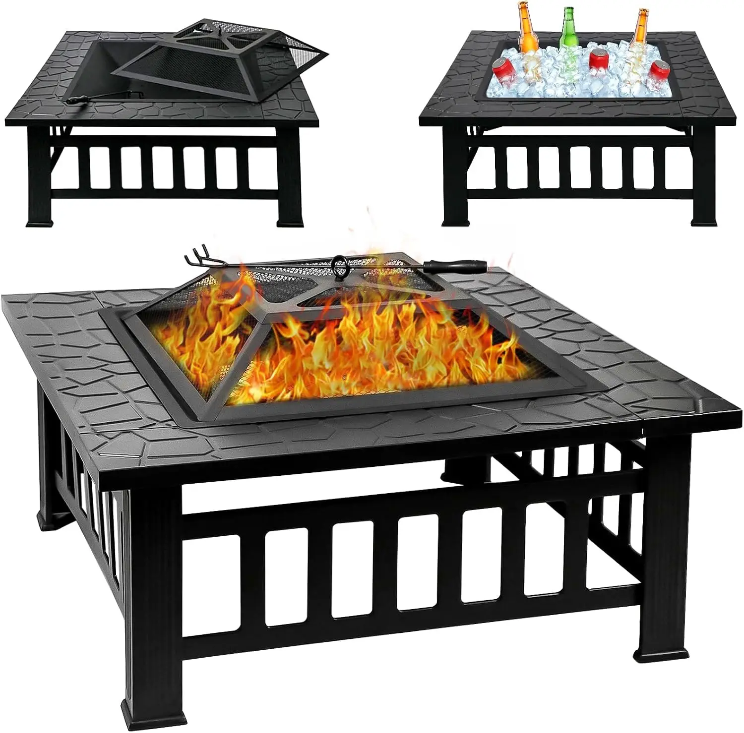 32 Inch Outdoor Fire Pit Table with Spark Screen Mesh Cover and Fire Poker, 3 in 1 Metal Square Wood Burning Stove for Outside Heating, Backyard Camping Patio Garden Bonfire Party Black