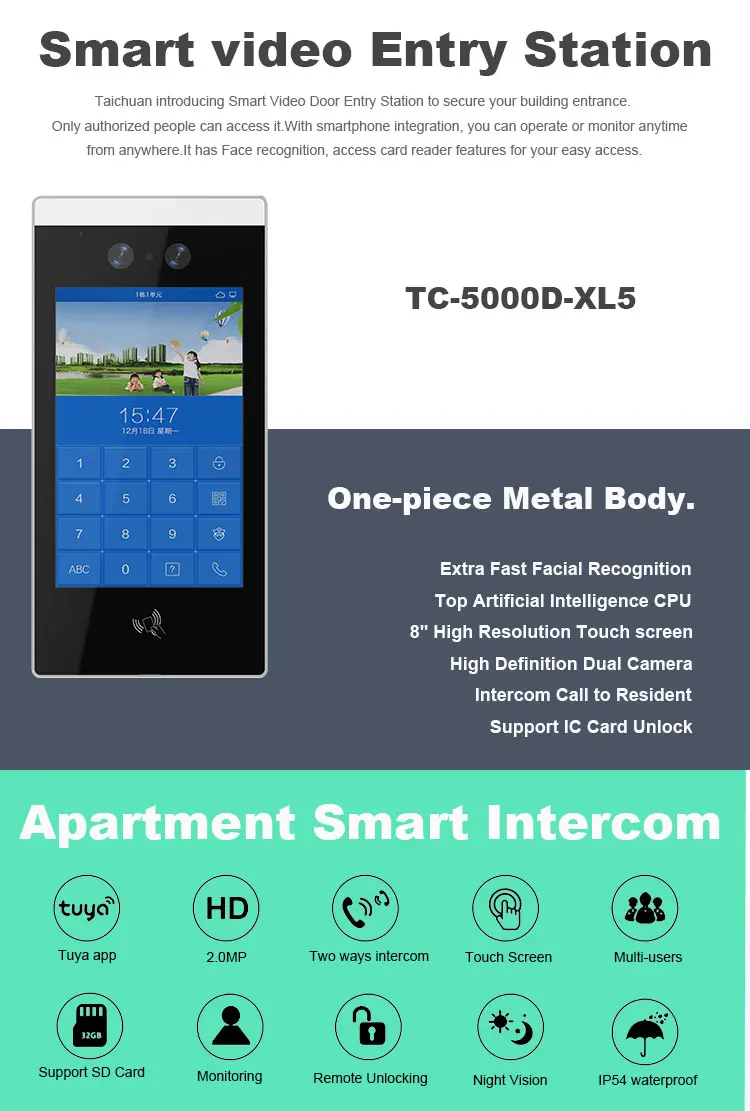 Videoportero con reconocimiento facial, Control de acceso de entrada de apartamento, videoportero Android SIP