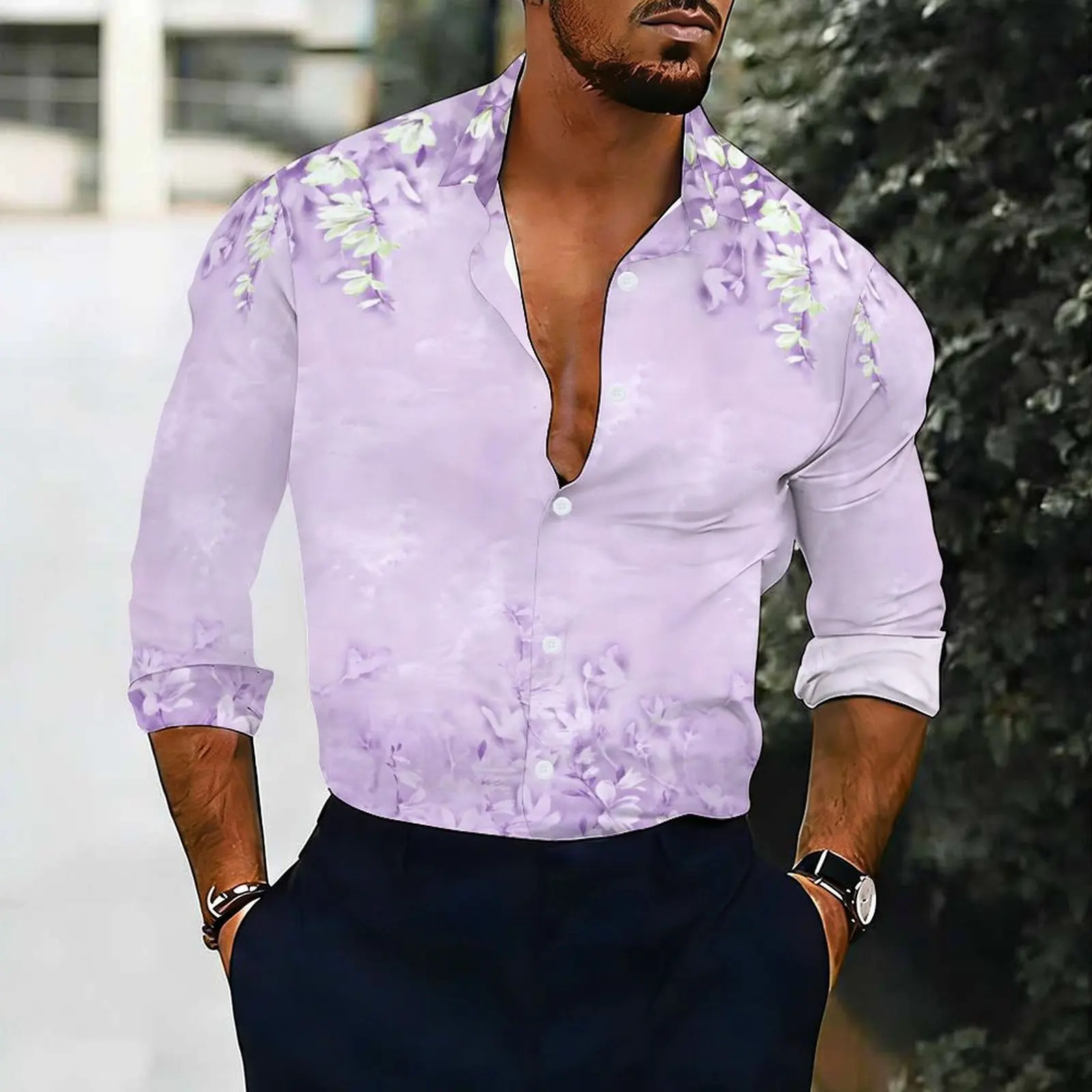 Men Floral Print Long Sleeve Shirt Turn Down Collar Button Up Casual Business Office Daily Wear Shirts