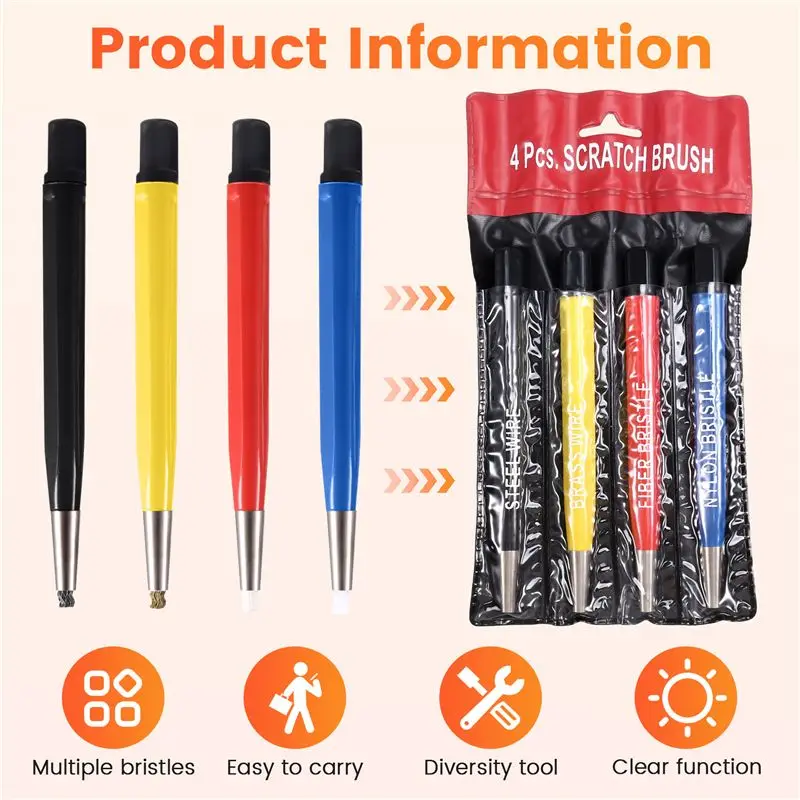 4PCS Scratch Brush Pen Set Pre-P Sanding Fiber-Glass Steel Brass Nylon Multi Function Removing Corrosion & Rust Jewelry-B51B