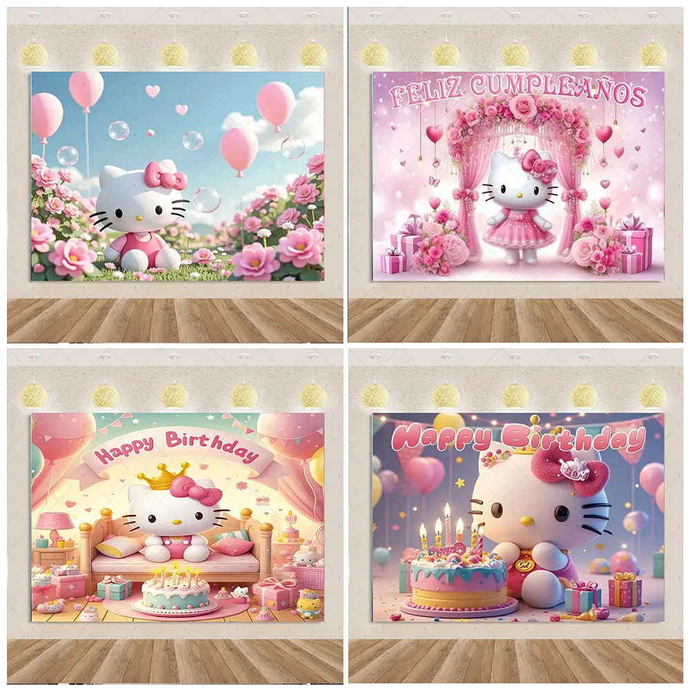 

Sanrio Hello Kitty Theme Backdrop Supplies Girl Birthday Party Decoration Cartoon Hello Kitty Background Banner Photography Prop