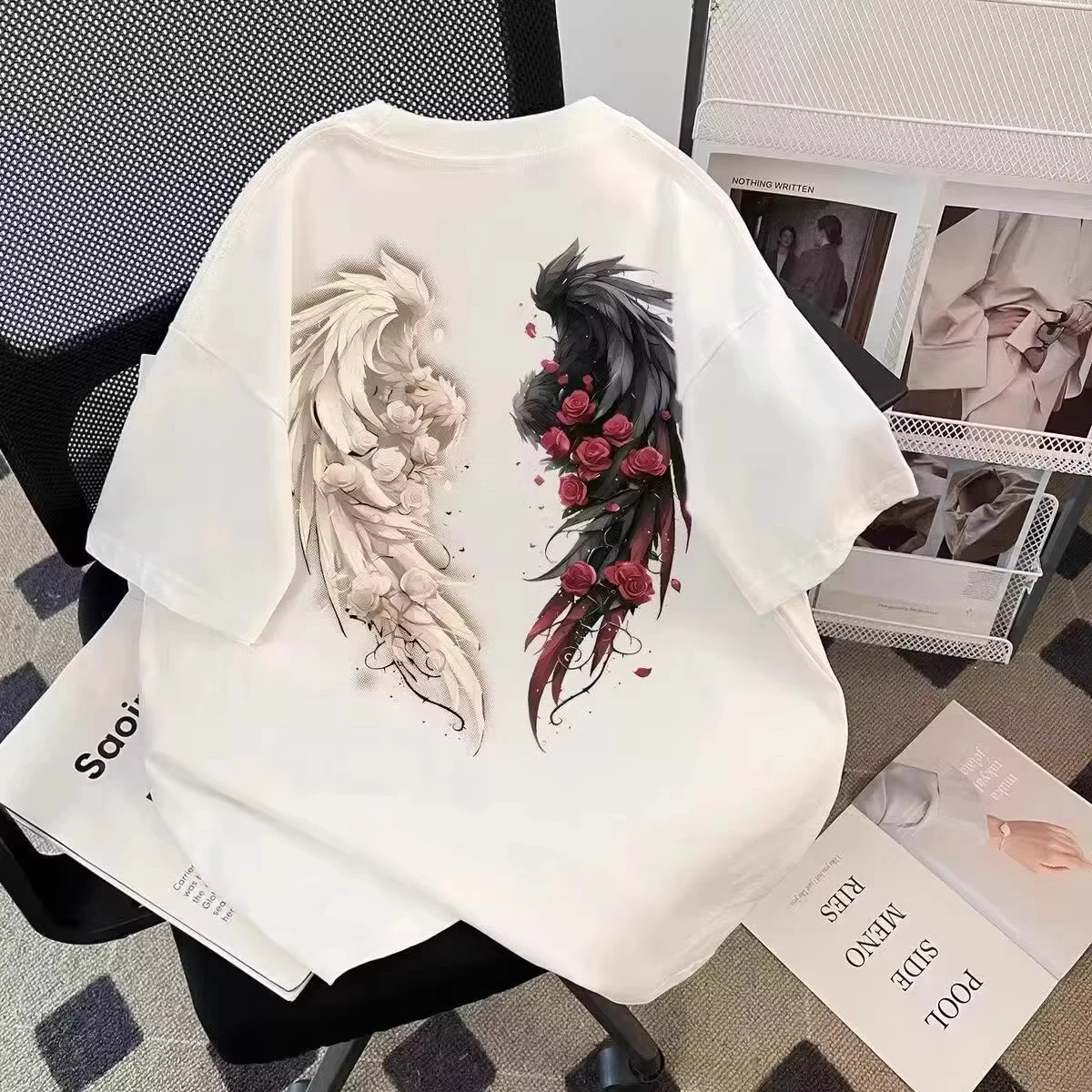 

Футболка оверсайз из хлопка с принтом «Крылья» для женщин, летняя повседневная одежда