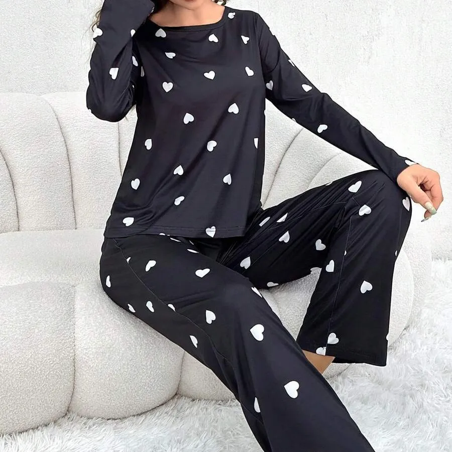

Women Pajamas Set Women's Pajamas Love Printing Crew Neck Long Sleeve Pants Autumn and Winter Set Milk Silk Fabric