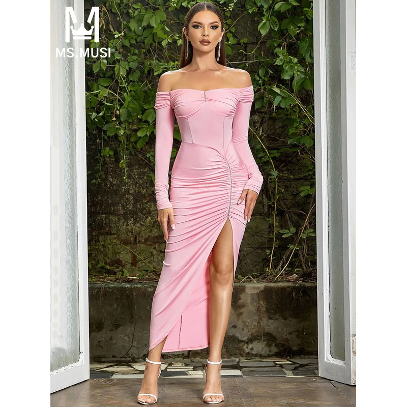 

MSMUSI 2025 Новое модное женское сексуальное платье миди с открытыми плечами и бриллиантами и кристаллами, с длинными рукавами, для вечеринок и клубов, облегающее платье миди с разрезом