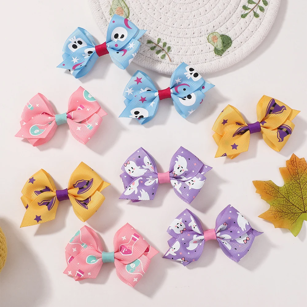 4Pcs Baby Girls Halloween Hair Clips Ribbon Bows with Ghost 