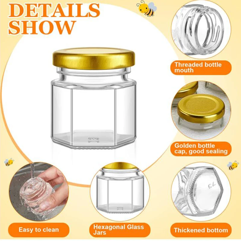 10/20Pcs 1.5oz Mini Honey Jars Party Favors Small Honey Jars  Dippers Gold Lids Bee Charms Tags Jute Twine Cute Takehome Gift