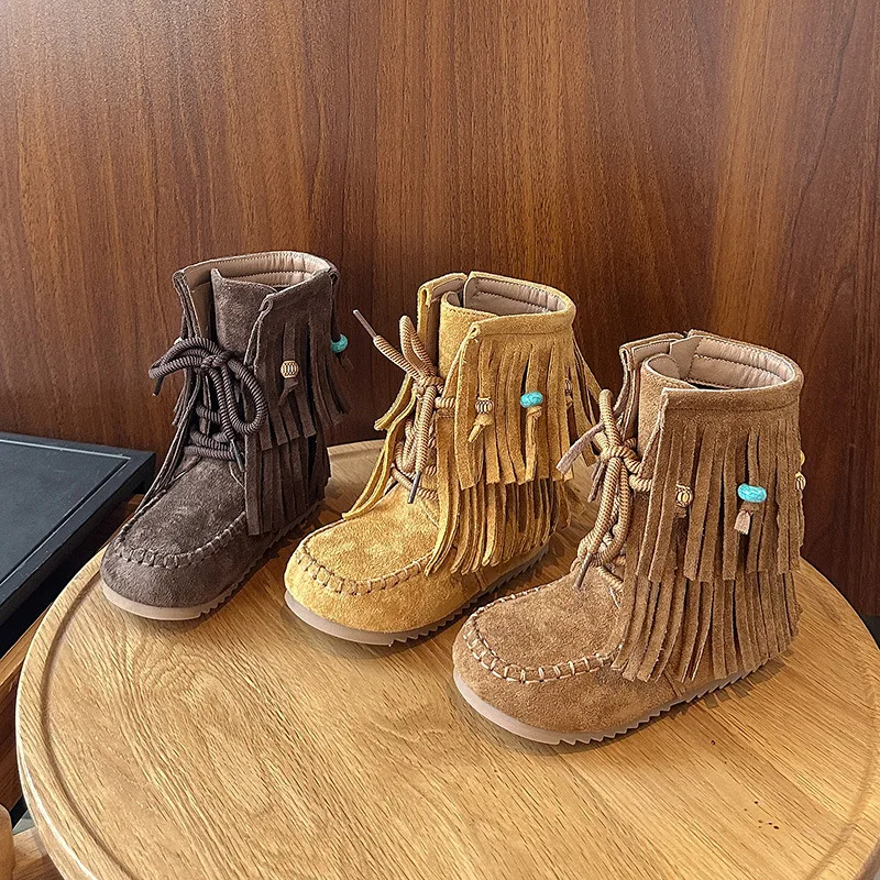 Botas Fashion Retro Girls' Shoes 2025 Autumn New Kids Tassel Ankle Boots Comfort Anti Slip Girls Leather Boots Zapatos De Mujer