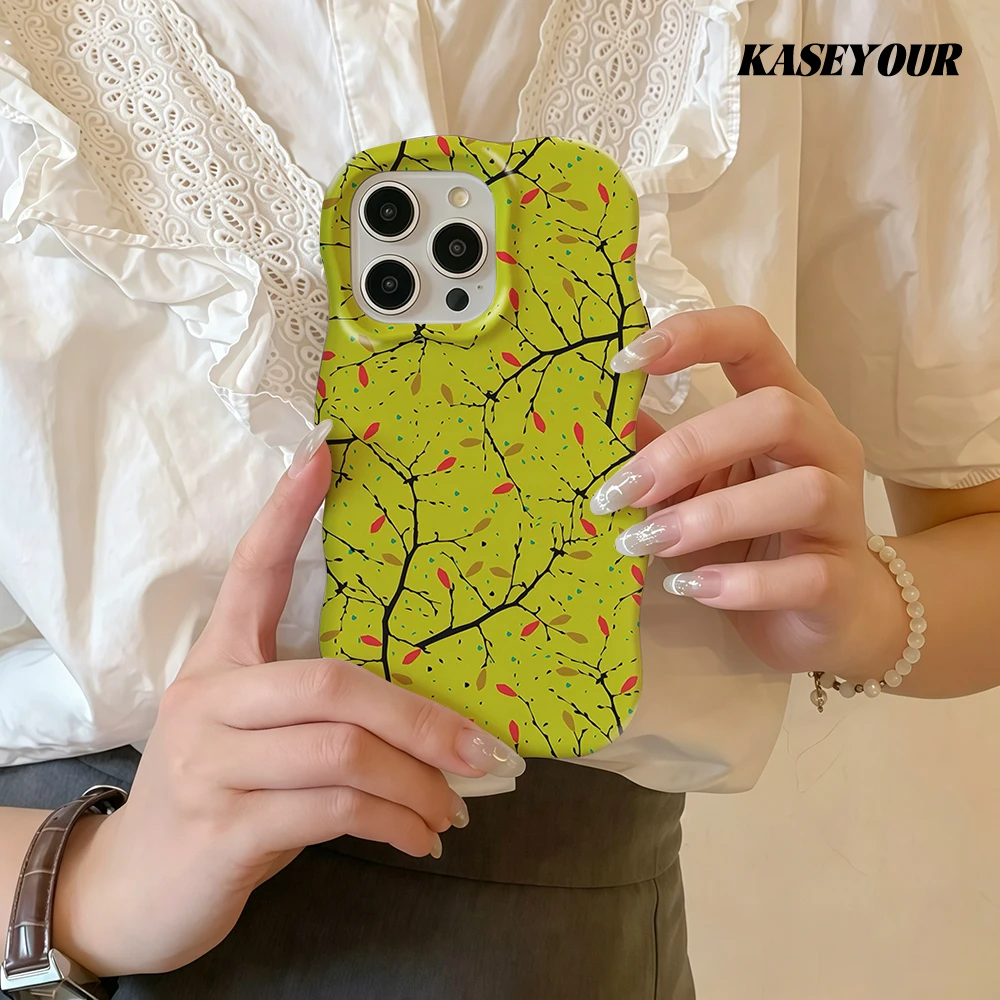 Golden Branches Fashion 2 in 1 Glossy Phone Case for iPhone 13 14 15 16 17 Pro Max Wave Edges Hard Slim Back Cover Shell