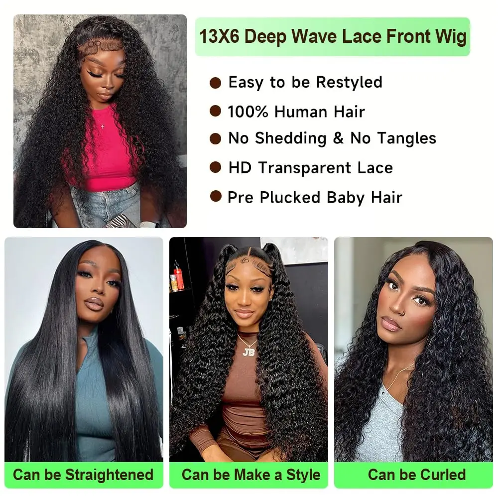 Wig Rambut Asli Deep Wave Lace Front Pre Plucked Untuk Wanita Rambut Remy Kepadatan 200% 30 Inch Keriting 13x6 HD Lace Front Wig Rambut Asli