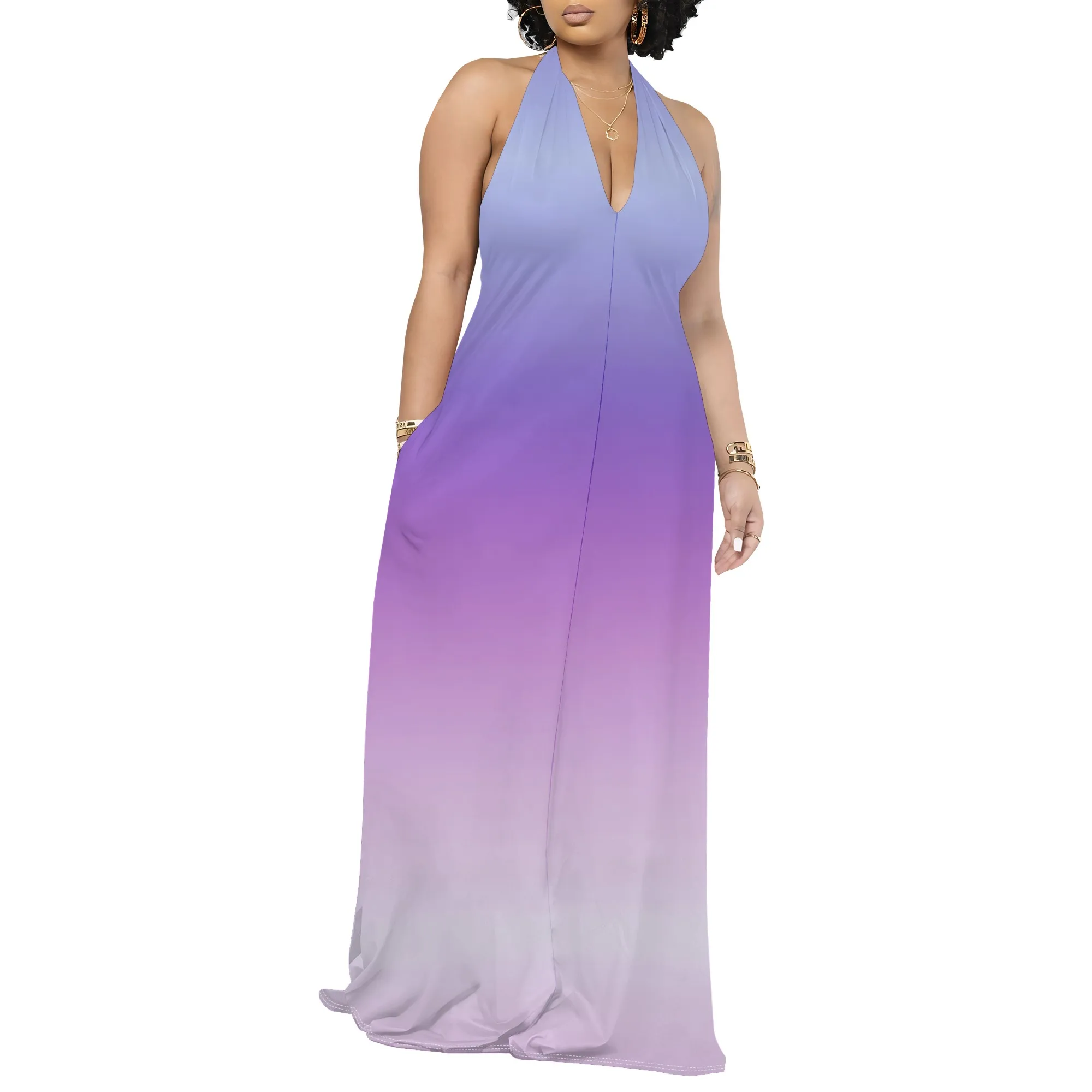 

2025 Women's Sexy Neck Elegant Maxi Dress Summer Solid Color Gradient Sundress Casual Halter Sleeveless Dresses with Pockets