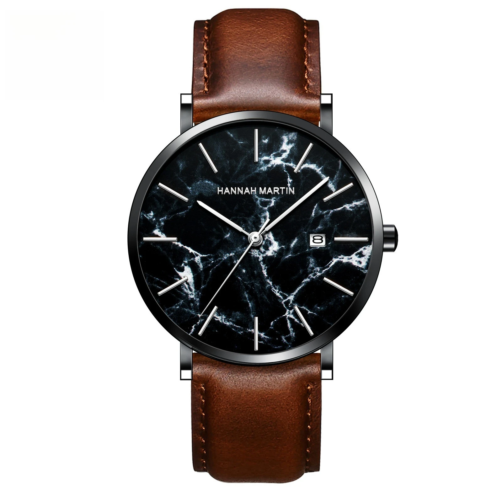 Мужские деловые часы с японским механизмом — мраморный текстурированный циферблат, дата, тонкие и легкие