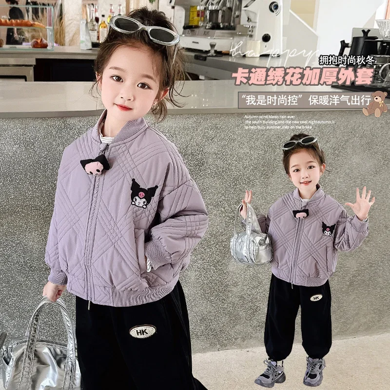 Sanrio Winter Kulomi Cute Warm Children's Top Jacket Cartoon Casual Versatile Thickened Padded Crew Neck Baseball Jacket