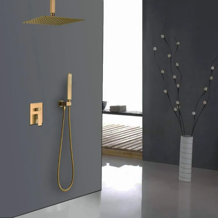 Champagne Bronze Ceiling Mount Rain Shower System with 12 Inch Shower Head and Handheld Bathroom Brushed Golden