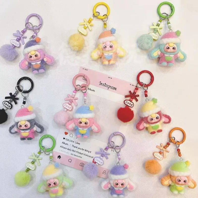 Keychain Flocked Cartoon Cake Hat Plush Doll Cute Mini Toy Bag Charm Key Ring Fluffy Ball Accessory Gift For Kids Girls Toy
