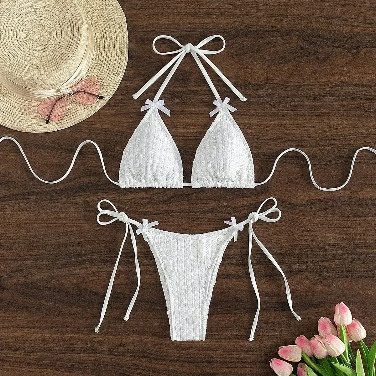 2025 New Solid Color White 2 Piece Swimsuit Sexy Bow Triangle Halter Backless Bikini Set Lace-up Thong Bathing Suit Swimwear