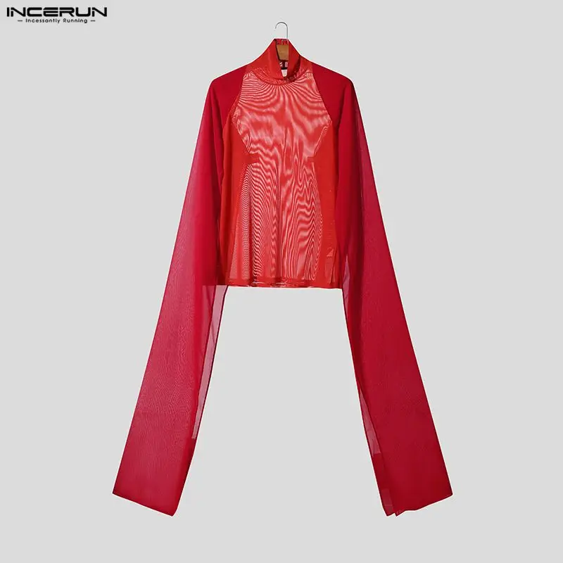 INCERUN الرجال تي شيرت شبكة المرقعة الياقة المدورة طويلة الأكمام انظر من خلال الرجال الملابس الشارع الشهير مثير موضة غير النظامية المحملة القمم