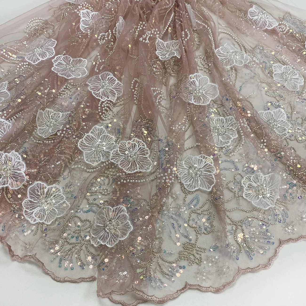 3D Three-dimensional Handmade Flower Pink White Bead Sequined Mesh Wedding Dress Lace Fabric