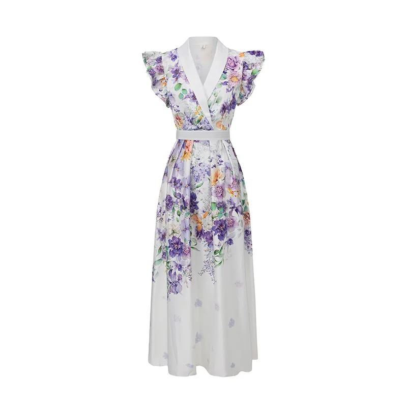 

Summer Holiday Women's Maxi Dress V-Neck Ruffles Flying Sleeve High Waist Floral Print Robe Gown for Casual Occasions