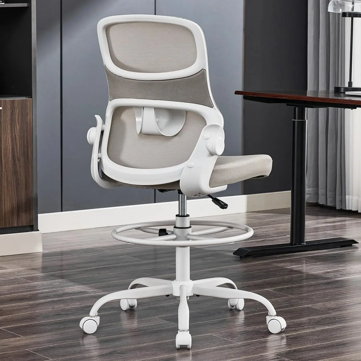 Armless Drafting Chair, Tall Office Chair For Standing Desks | Foot Ring, Breathable Lumbar Mesh, Silent Casters For Compact