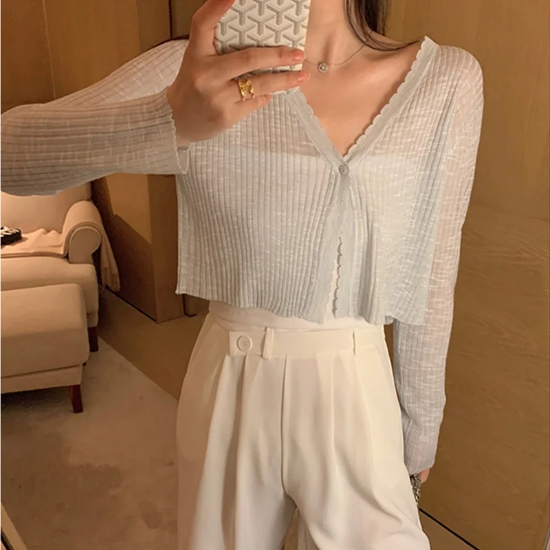 

Women's Knitted Ice Silk Sun Protection Top Thin Summer Wrap Cardigan Korean Style Loose Fit Long Sleeve V-Neck Button Design