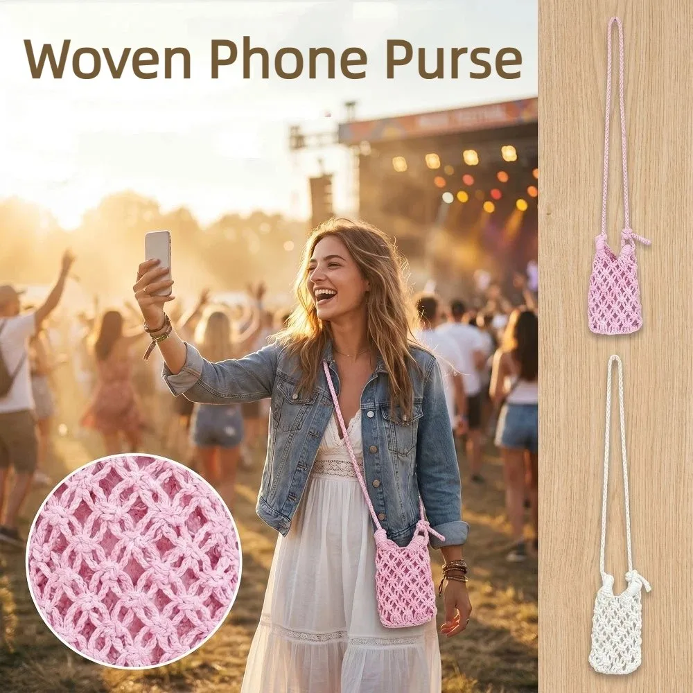 Casual Boho Crossbody Phone Bag Solid Color Lightweight Woven Phone Purse Hollow-out Bohemian Style Mini Weave Bag Gifts