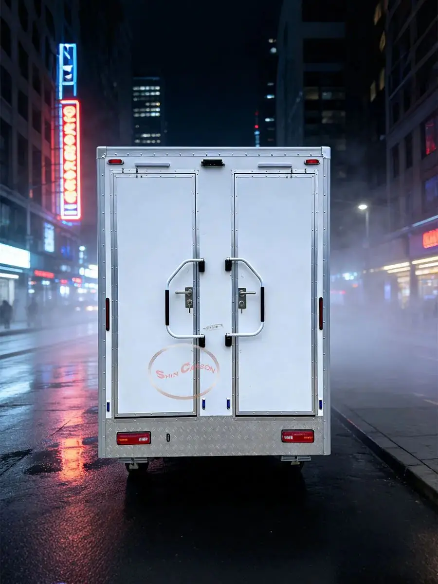 تصميم مقطورة المرحاض المتنقلة في الهواء الطلق مع صندوق أبيض بإطار معدني وأبواب مزدوجة ومصابيح خلفية وصلة مقطورة لسهولة السحب #1