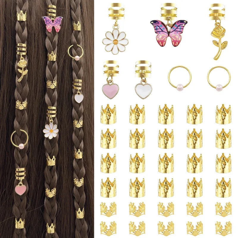

37PCS Colorful Butterfly Pearl Love Heart Rose Daisy Hair Rings Set Decorative Braid Cuffs Non Tarnish Easy Snap on For Party