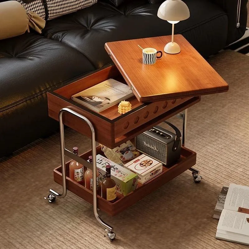 Tea trolley Solid wood sofa Storage side few Retro movable coffee table
