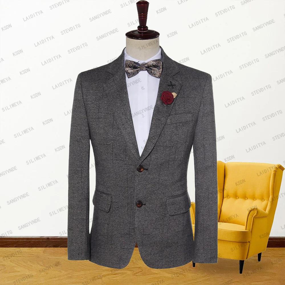 

2023 New Arrival Fashion Men's Casual Boutique Business Slim Fit Suits Wedding Groom Dark Grey Plaid Tweed Blazers Jacket Coat