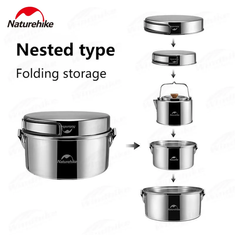 Naturehike Camping Cookware Portable Pan Pot Kettle Set 3-In-1 Stainless Steel Cooking Kit Frying Stewing 4pcs Ultralight 1.3kg