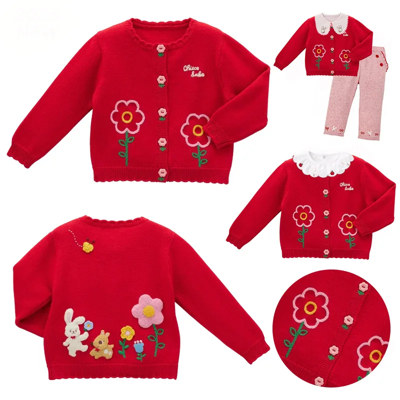 

Детский свитер с милым цветком и маленьким кроликом, кардиган с вышивкой, осенне-зимний трикотаж с героями мультфильмов для девочек