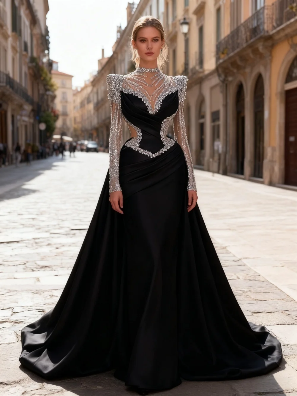 

Роскошное черное атласное вечернее платье с кристаллами, украшенное высоким воротником и длинными рукавами с вырезами, вечернее платье для выпускного вечера на заказ