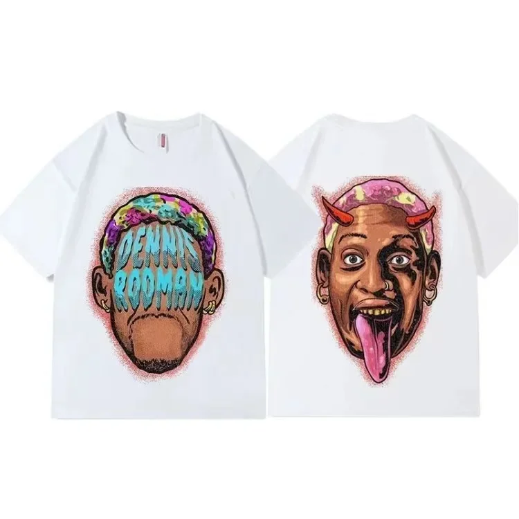 Dennis Rodman Rap Tee  Big Face Head Red Blue Green Hair Vintage Style Graphic Hip Hop Black T-shirt 90S Funny Tops