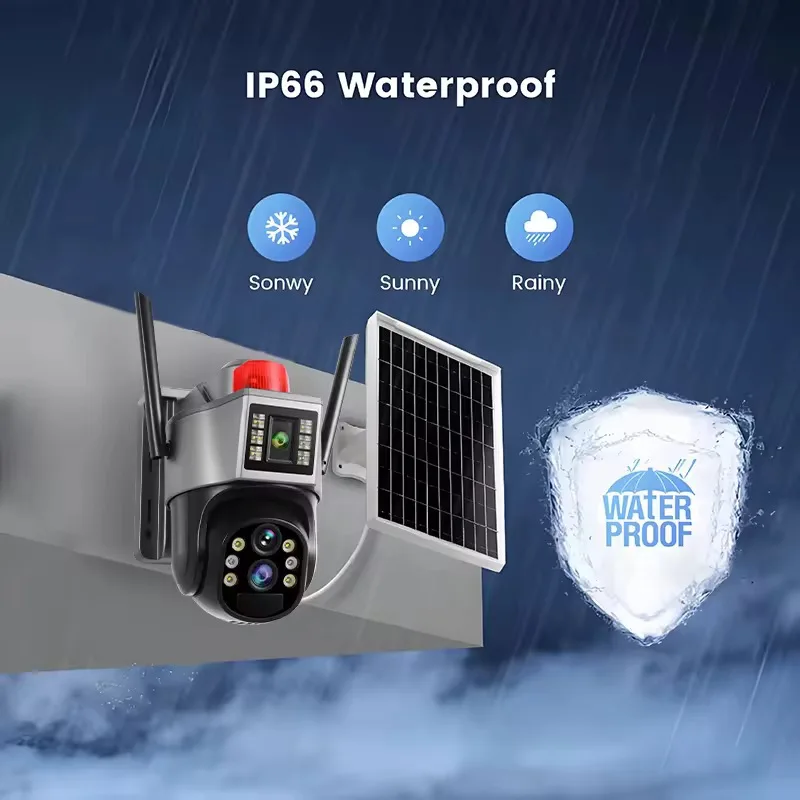 6MP Three Screen 10x Zoom 4G Wifi Dual Panel Outside Camera AI Humanoid Detection Color Night Vision Solar Cctv Camera