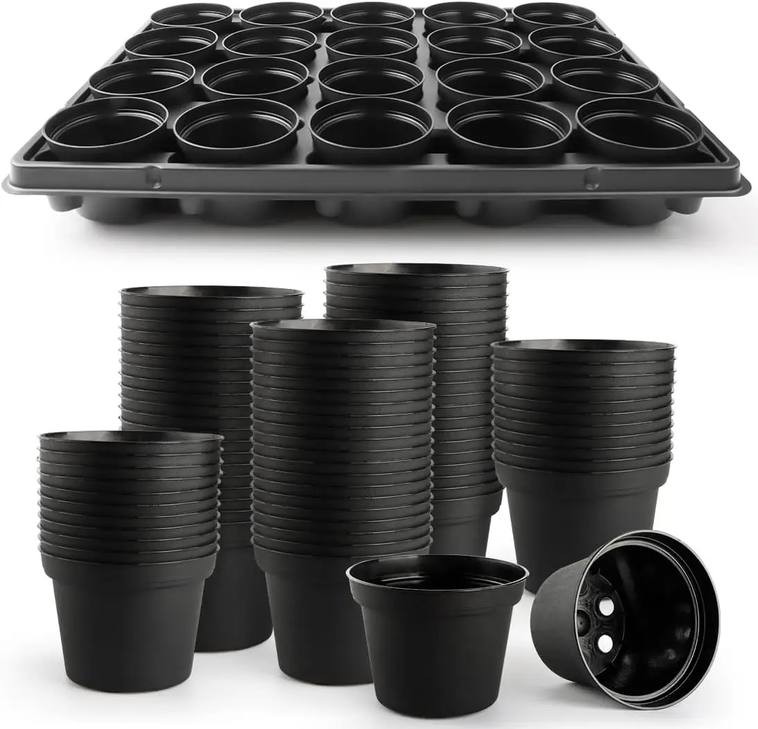 

3 Inch Plastic Plant Pots 100 Pcs with 5 Pcs 20 Cell Seed Starter Trays, Thick Black Small Nursery Pots and Propagation
