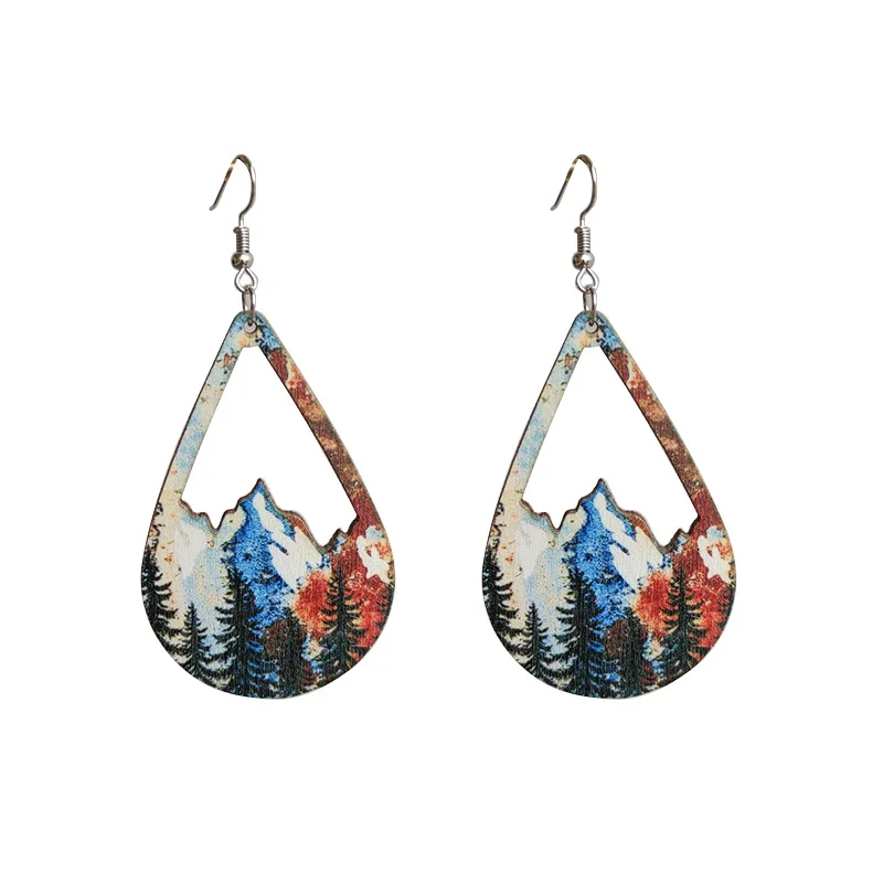 Vintage Snow Mountain Forest Earrings Colorful Hollow Boho Wood Earrings for Women Fashion Jewelry Gifts Wholesale