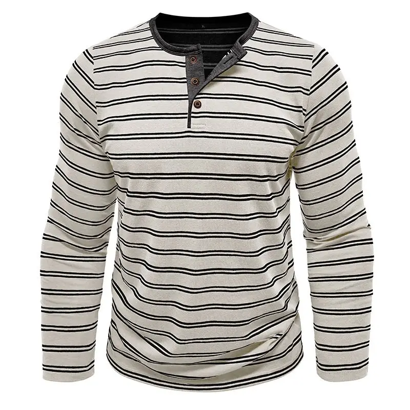 Autumn Men's Henley Collar Long Sleeved T-shirts Striped Casual Tops Button T Shirt Male Soft Comfy Cotton Shirt Tee XXL