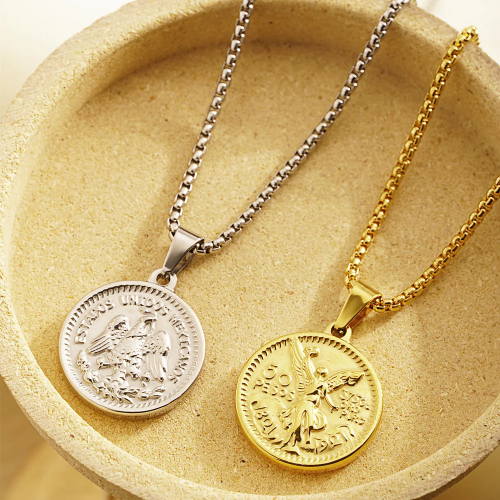 Men Women Gold Finish Round Mexican Coin Centenario Moneda 50 Pesos Pendant Necklace Jewelry