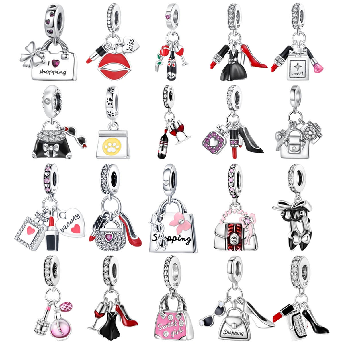 

Original 925 Charms Sterling Silver Handbag Perfume Heels Lipstick Wine Pendant for Pandora DIY Bracelet Ladies Jewellery Gift