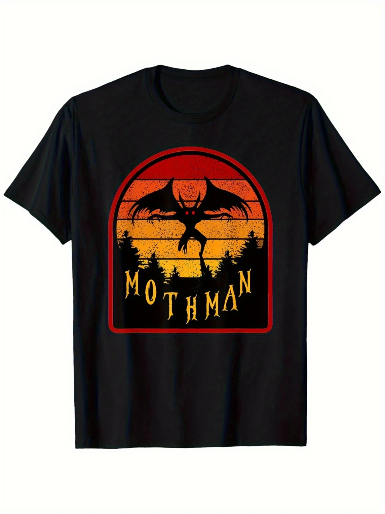 [ Graphic T-Shirt] Black Mothman Graphic Tee - Stunning Sunset Design With Gradient Colors Red To Yellow To Orange, Bold 'MOTHMA