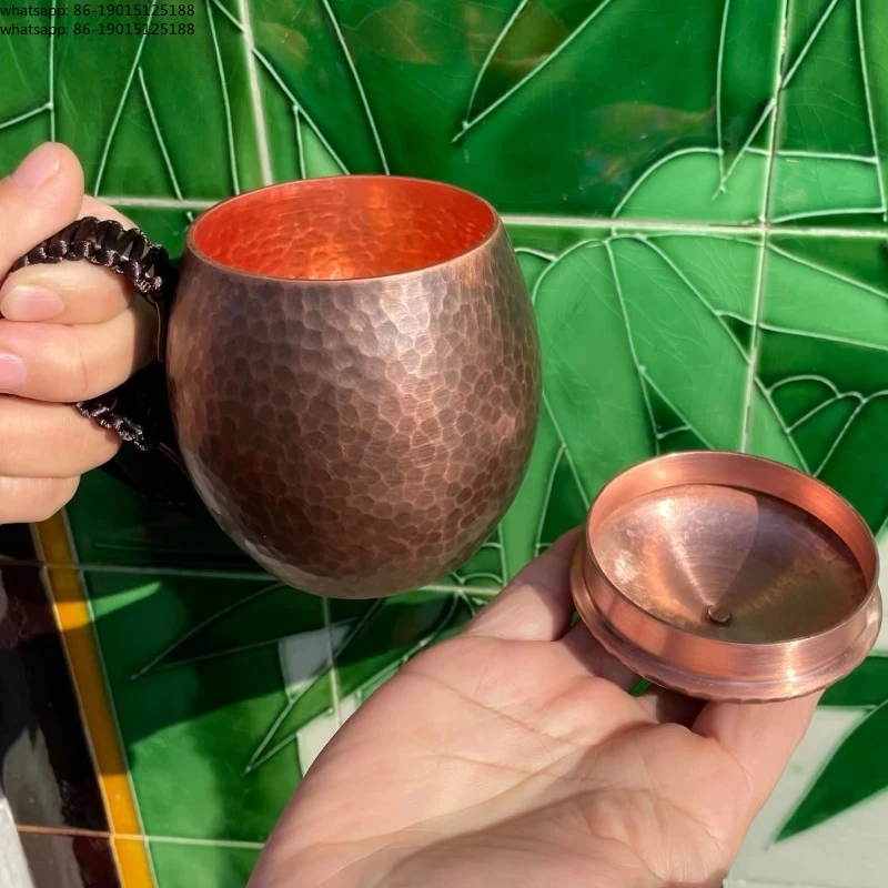 Vintage Pure Copper Coffee Mug,Camping With lid Breakfast Cup,Handcrafted Carving Hammer Texture Woven Gift Tea Mug Tableware