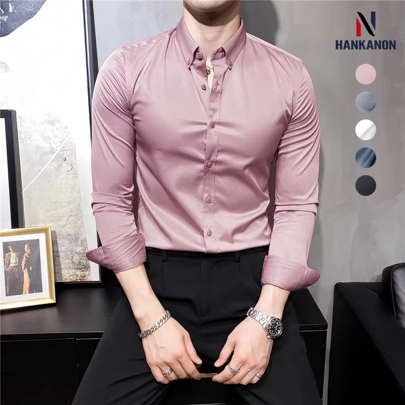 Men's Solid Color Slim-Fit Stretch Shirt - Wrinkle-Free Business Casual Long Sleeve, Breathable & Durable​ M-4XL