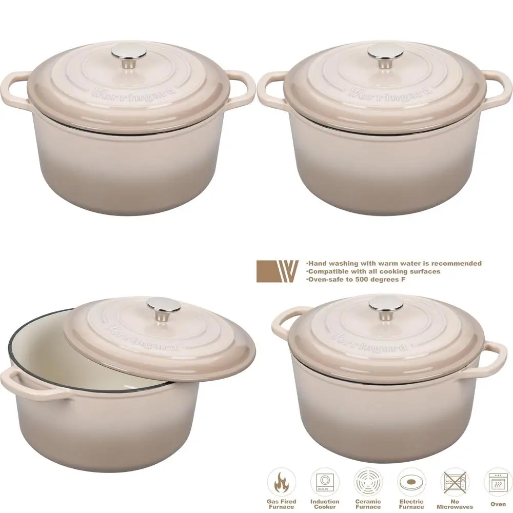 

Чугунная эмалированная круглая кастрюля-казан на 6 кварт с крышкой для приготовления хлеба на закваске, цвет латте