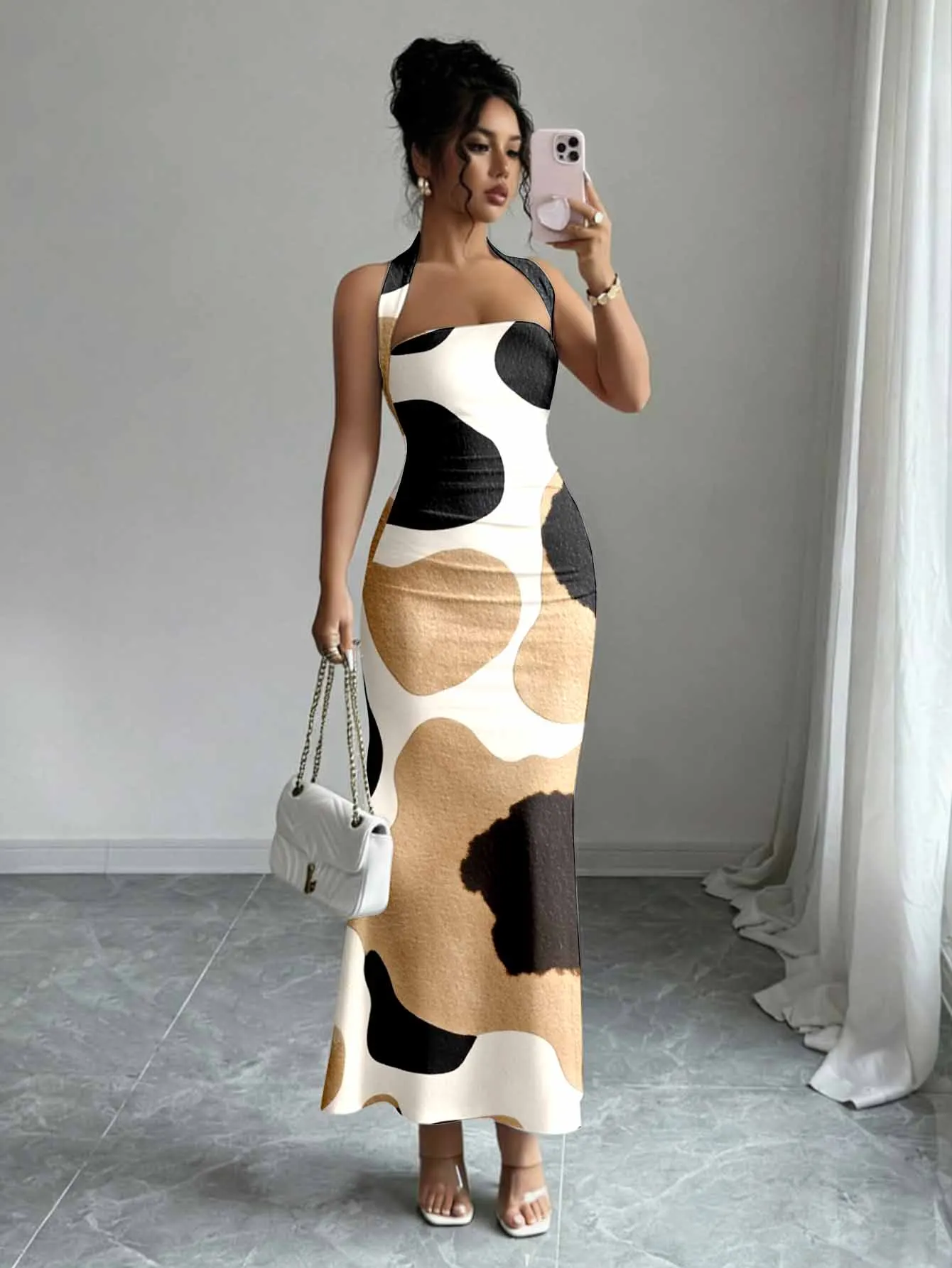 Off shoulder slim fit neck hanging dress, made of flowing fabric, high-end, durable and versatile for the upper body