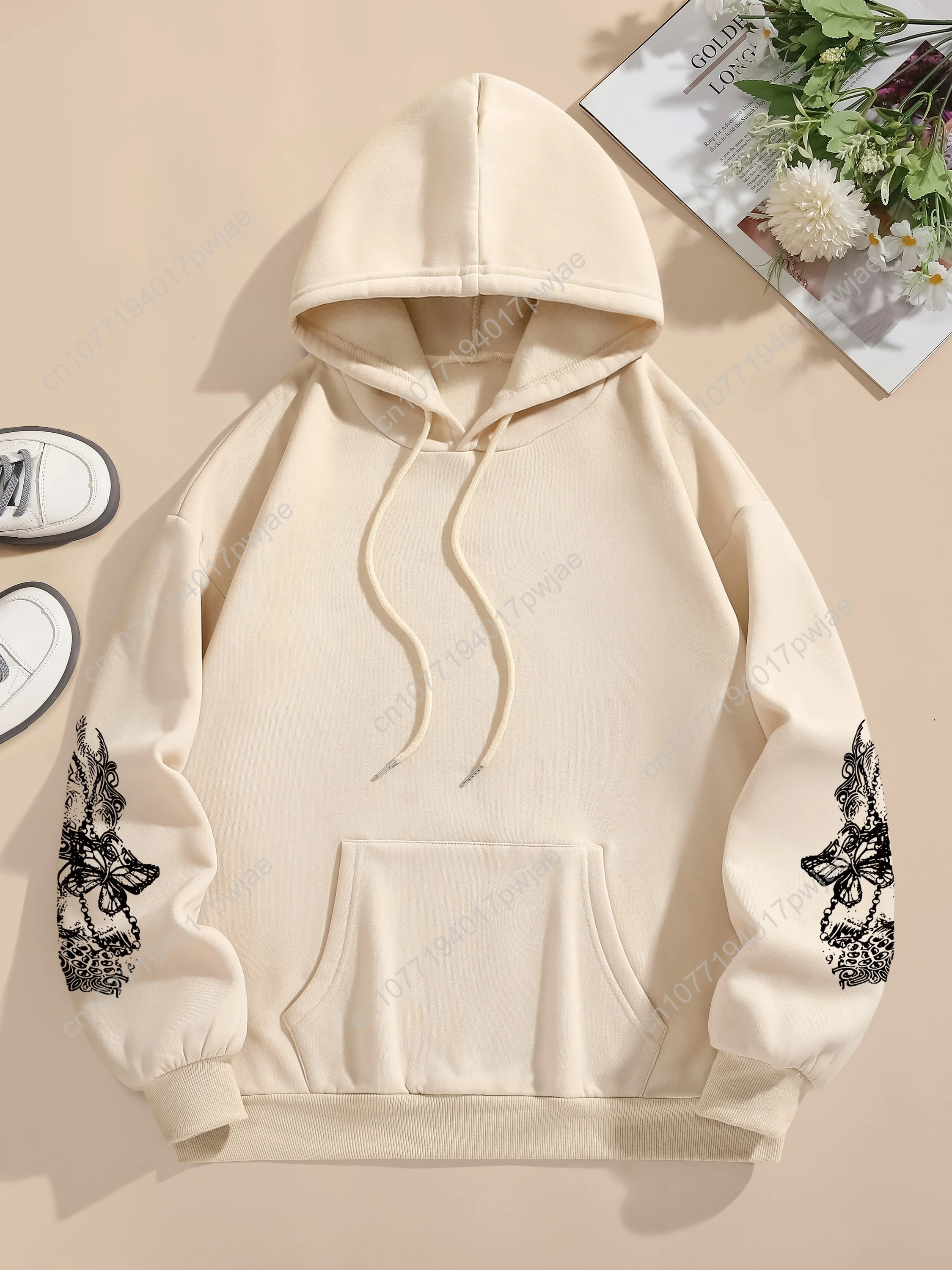 Moletom com capuz com cordão e estampa de borboleta, moletom casual de manga comprida com bolso canguru, roupas femininas